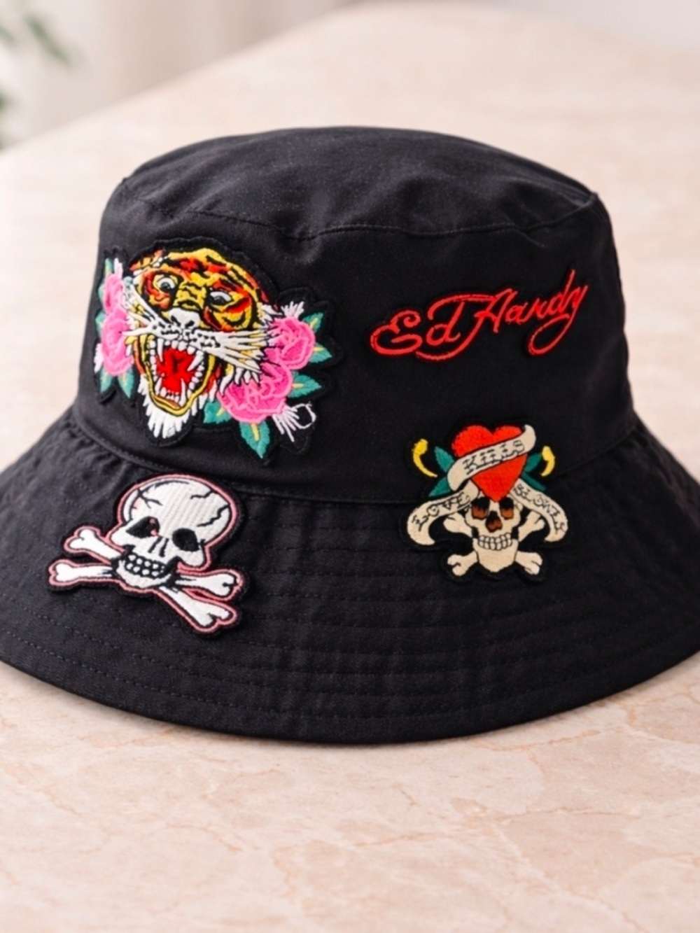 Ed Hardy Black Bucket Hat Y2K Tiger Skull Heart Nylon Streetwear Unisex